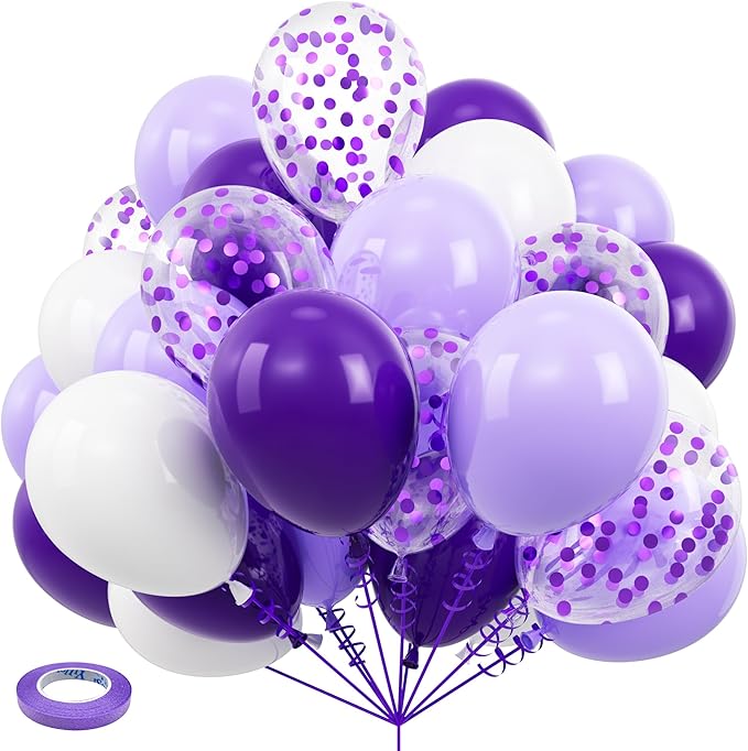 White Purple Confetti Latex Balloons, 50pcs 12 inch Helium Party Balloon with 33 Ft Purple Ribbon for Birthday, Girls Baby Shower, Wedding, Anniversary and Festival Ceremony Princess Decoration