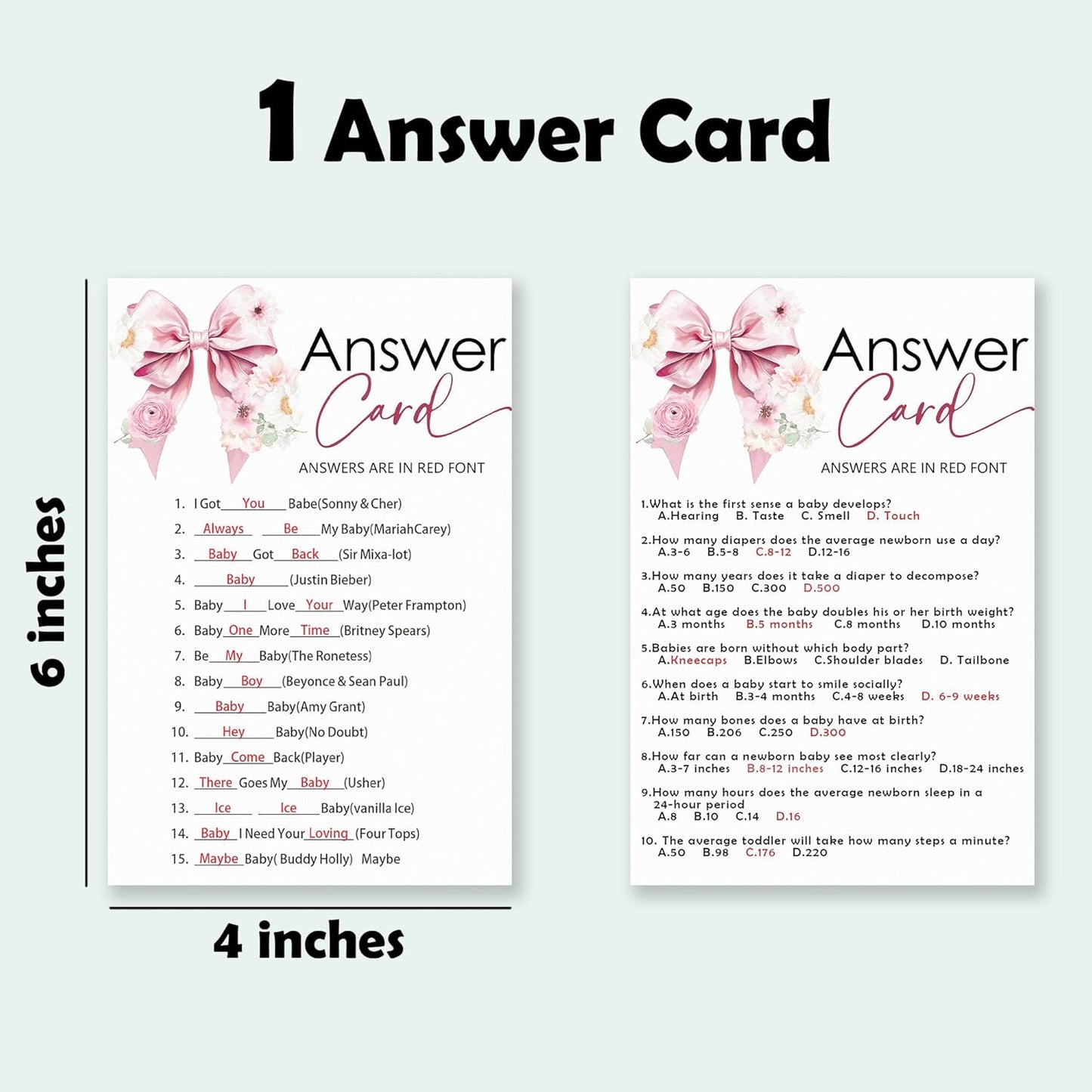 Name That Baby Song & Trivia Theme Baby Shower Game Activities-30 Pink Bow & Floral Double-Sided Game Cards(5’’x7 ’’) & 1 Answer Card(4’’x6’’) For Boys & Girls-Gender Natural Decor & Supplies-A02