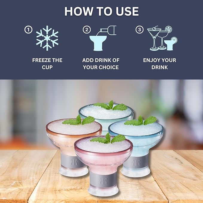 Khen Frozen Margarita & Cocktail Chiller Glasses | Set of 4 | Cooling Cups 12 OZ Unbreakable Tritan Acrylic, Double Wall Insulated to Keep Drink Cool, Freeze Gel Glass Cup, Silicone Holder