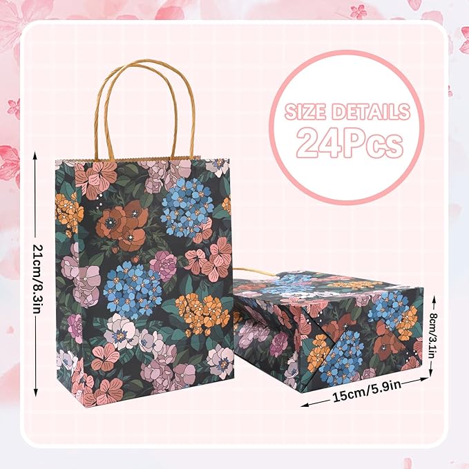 JarThenaAMCS Floral Kraft Paper Gift Bags Vintage Botanic Candy Goodie Treat Bags with Handles Reusable Grocery Bag for Spring Summer Mother's Day Birthday Wedding Party Favors Supplies