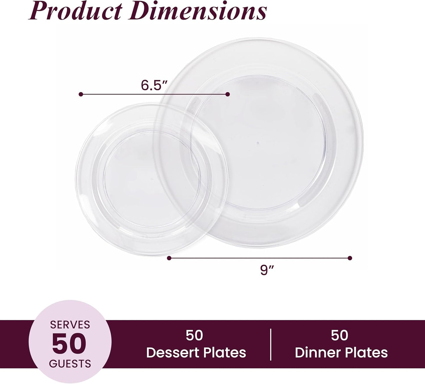 Aya's Cutlery Kingdom 100 Clear Plastic Plates for Party, Heavy Duty Disposable Set of 50 Dinner and 50 Dessert Plates, Elegant Fancy Design for Weddings, Parties, and Special Events