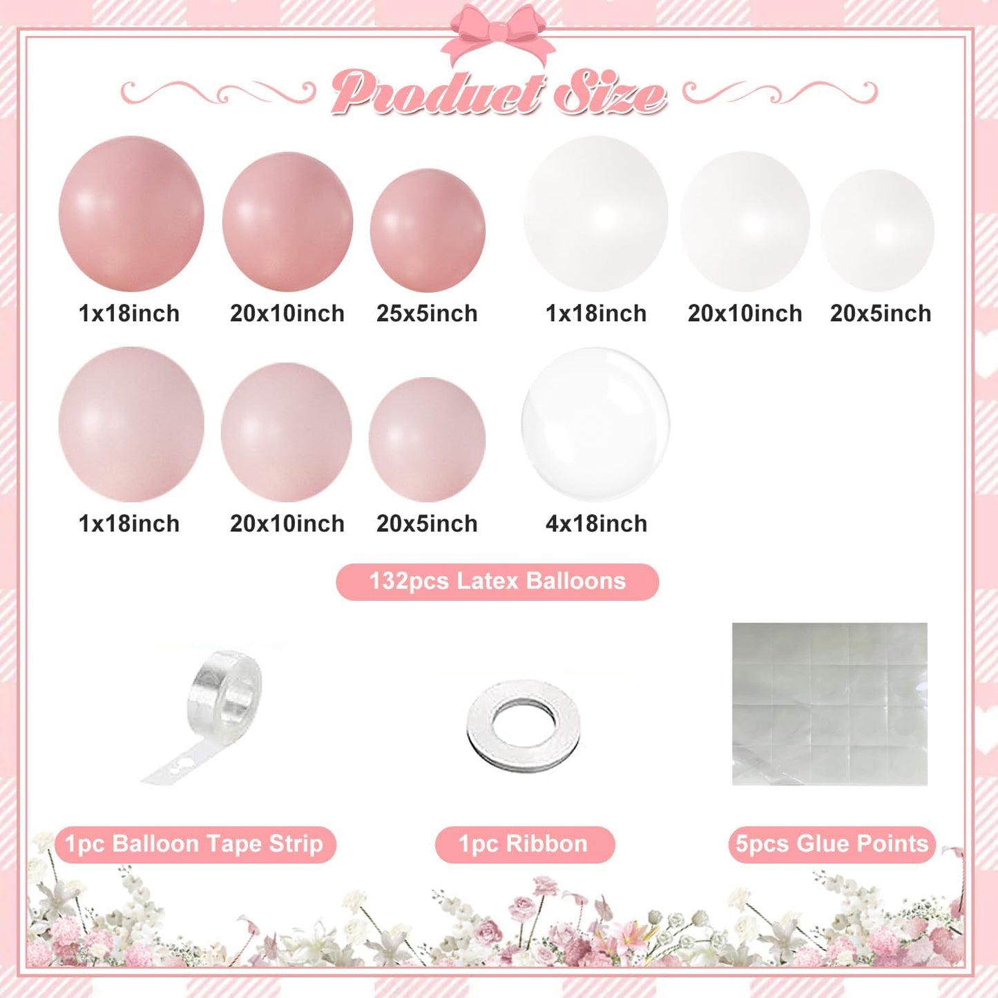 Pink Balloon Arch Kit 132Pcs Pink and White Balloon Arch Garland Kit Include Light Pink White Balloons Clear Balloons for Birthday Wedding Baby Shower Anniversary Bachelorette Bridal Party Decorations