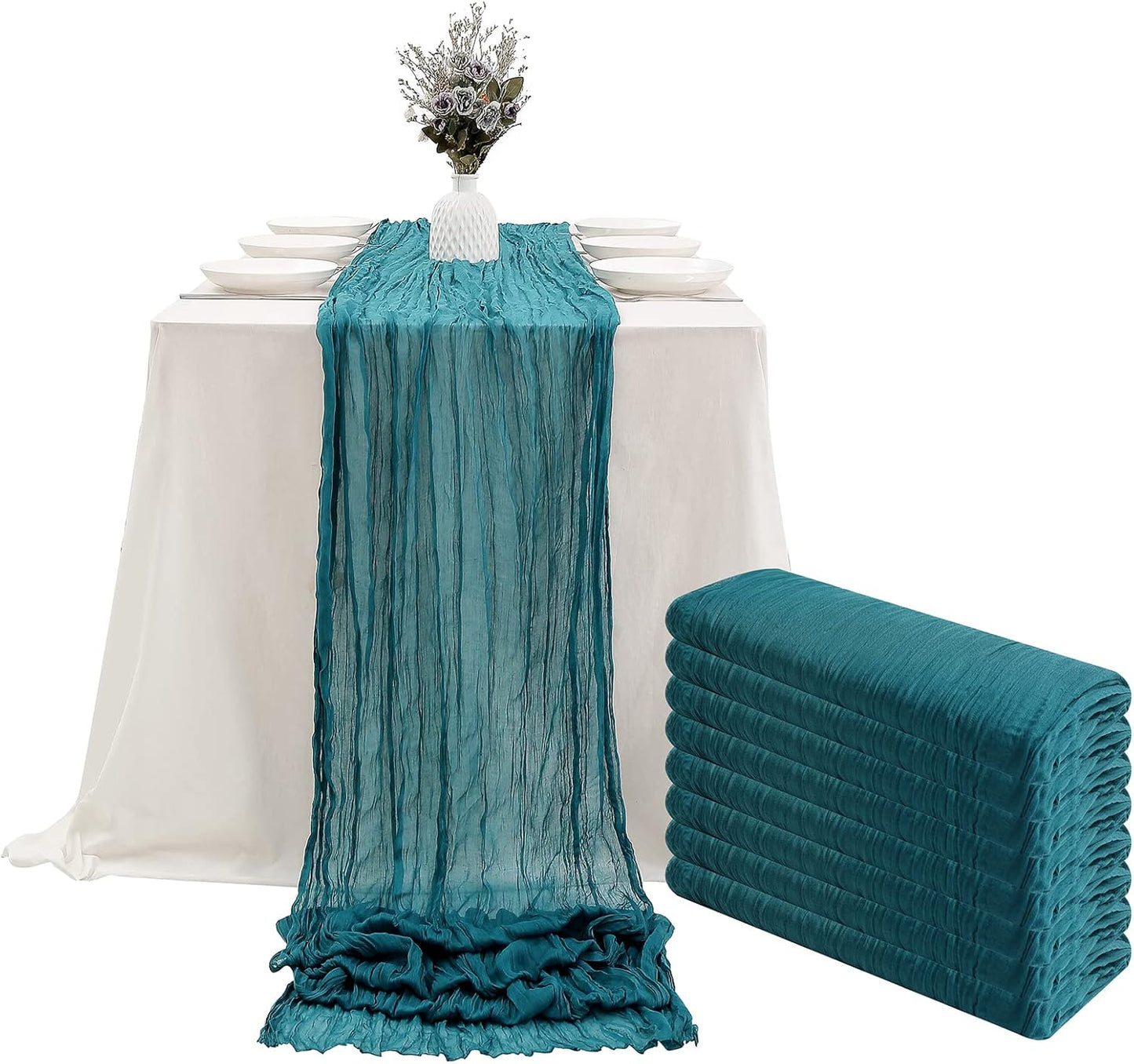DOLOPL 8PCS Teal Cheesecloth Table Runner Bulk 13.3ft Boho Gauze Cheese Cloth Table Runner Rustic Sheer Runner 160inch Long for Wedding Bridal Baby Shower Birthday Party Cake Table Decorations