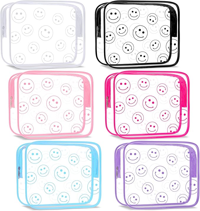 Cunno 6 Pcs Makeup Bags Gifts for Women Preppy Boho Smile Face Flamingo Clear Makeup Bags Cosmetic Transparent PVC Travel Toiletry Organizer for Birthday Party Favor(Smile Style)
