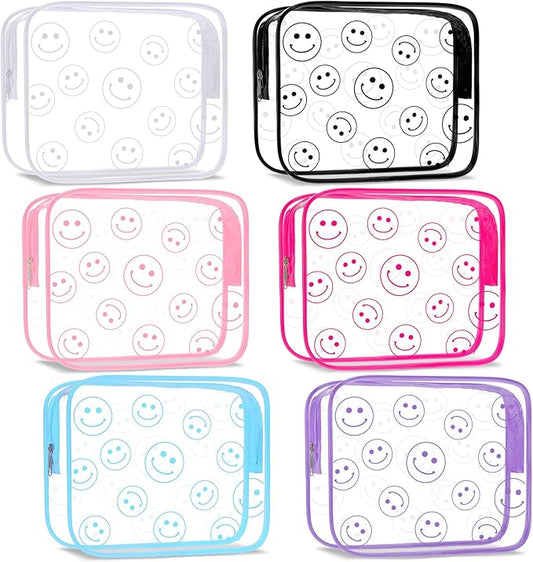 Cunno 6 Pcs Makeup Bags Gifts for Women Preppy Boho Smile Face Flamingo Clear Makeup Bags Cosmetic Transparent PVC Travel Toiletry Organizer for Birthday Party Favor(Smile Style)
