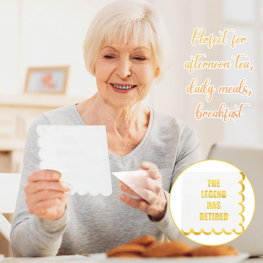 Happy Retirement Paper Napkins the Legend Has Retired Cocktail 5x5 Inches Disposable Gold Lace Napkins with Gold Foil for Party Decorations Supplies(50 Pcs)