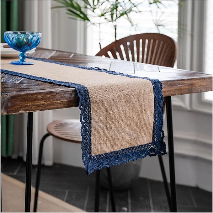Natural Jute Table Runner, Burlap Style Table Runner, Rustic Farmhouse Table Runner Country Vintage for Wedding, Party Table Decorations, Boho Décor Jute Navy Blue Lace Edge 12x87 inch TAB28