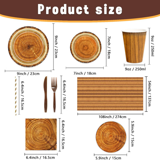 141pcs Camping Wood Grain Slice Party Decorations,Party setIncludes Dinner Plate Dessert Plate Paper Napkin Cup Knife Fork Straws Tablecloth Fire Camping Woodland Animal Lumberjack Supplies set