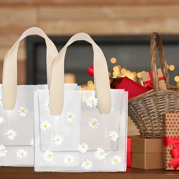 Whaline 12Pcs Clear PVC Gift Bags with Handle Bridesmaid Gift Bags Cute Daisy Flower Reusable Transparent Party Favor Bag Goodie Treat Bag for Mother's Day Wedding Birthday Baby Shower Party Supplies