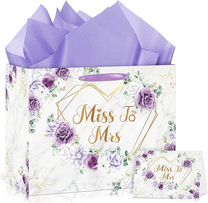 Yomaiha Purple Bridal Shower Gift Bag Wedding Miss to Mrs Gifts Bag with Tissue and Card Bridal Shower Gift Wrapping Paper Bag Floral Boho Wedding Gift Bags Bride Engagement Bachelorette Party Bag
