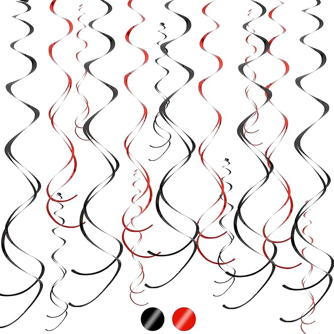 BEISHIDA Red Black Hanging Swirls Party Decorations Plastic Streamer for Ceiling, Mouse Theme Birthday Casino Graduation Hanging Party Supplies, Pack of 20