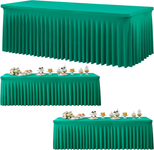 3 Pack Emerald Green Spandex Tablecloth for 8 Foot Rectangle Tables, Wrinkle Free Fitted Table Cloth Cover 8ft Green Stretchy Tablecloths with Skirt for Parties Weddings Birthday Banquet Baby Shower