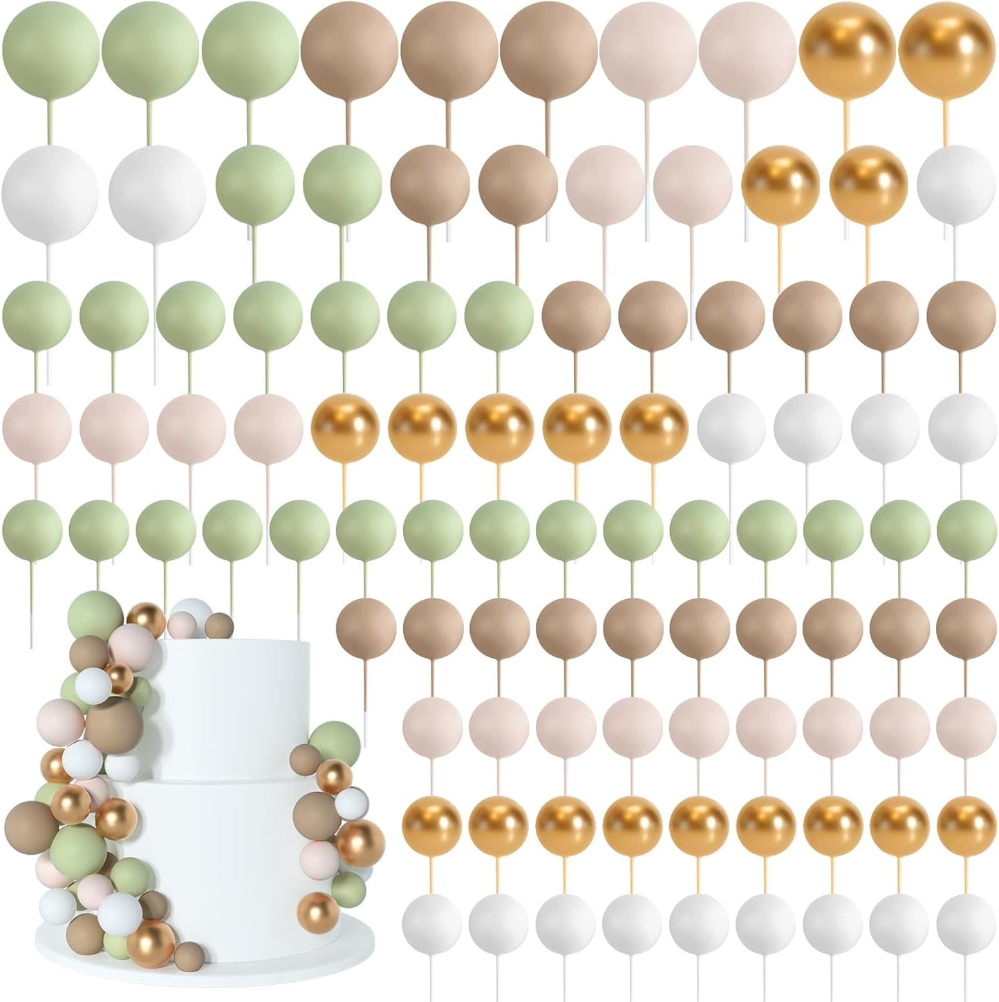 138 Pcs Balls Cake Topper Decorations Balloon Cupcake Toppers Foam Multisize Cake Topper Balls for Birthday Party Wedding Anniversary(Assorted Brown,Matcha Green,Khaki)