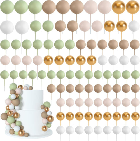 138 Pcs Balls Cake Topper Decorations Balloon Cupcake Toppers Foam Multisize Cake Topper Balls for Birthday Party Wedding Anniversary(Assorted Brown,Matcha Green,Khaki)