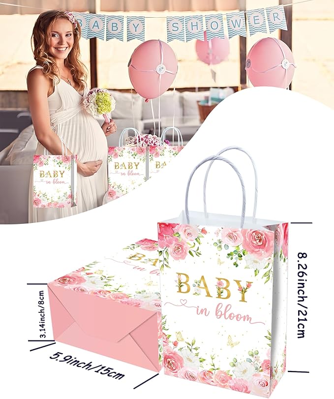 Tyndallrays 16-Piece Floral Baby Shower Favors: Bags with Handles for Girls' Shower or Reveal Party Treats