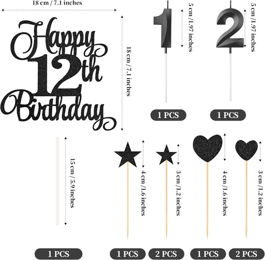 12th Birthday Cake Decorations, 12th Birthday Candles Cake Numeral Candles and Glitter Happy 12th Birthday Cake Toppers Set for Birthday Party Supplies (Black)