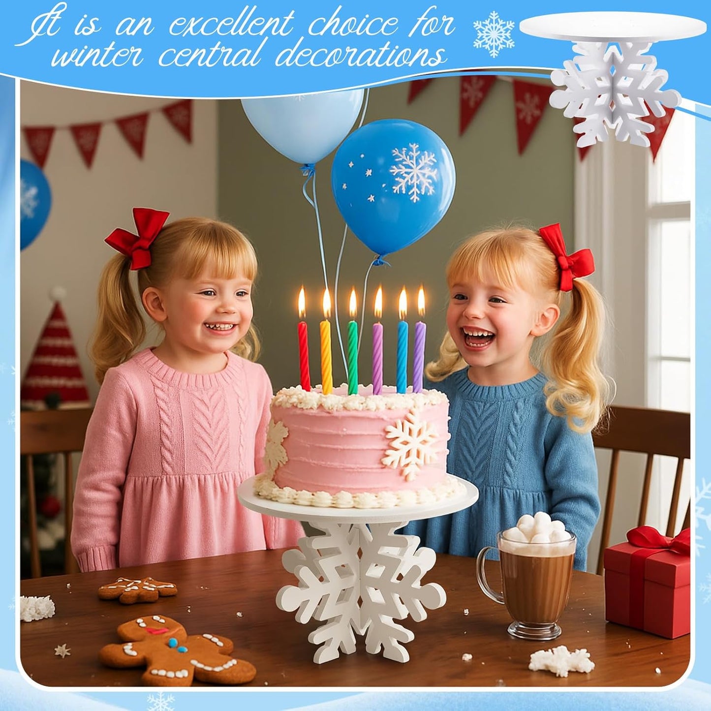 Lallisa 12" Snowflake Frozen Cake Stand White 3D Snowflake PVC Cake Decorations with Engraved Snow Themed Holder Winter Dessert Stand Centerpieces for Winter Birthday Christmas Frozen Party Supplies
