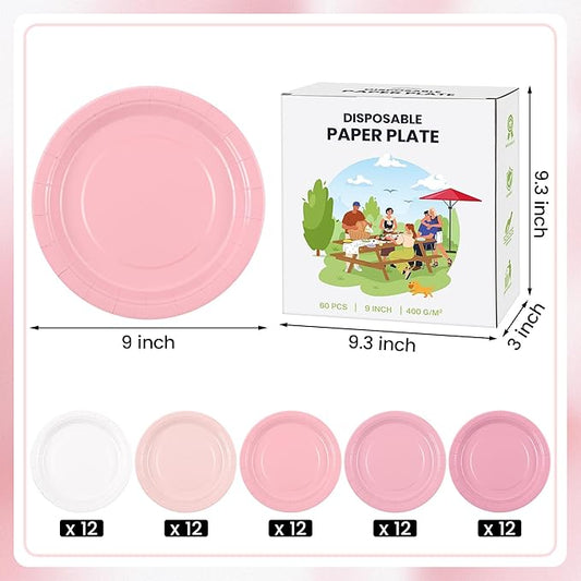 Kochorie 60 Pieces Dusty Pink Disposable Paper Plates 9 Inch Heavy Duty Dinner Plates, Solid Color, Table Decorations Party Supplies for Birthdays, Weddings, Daily Use