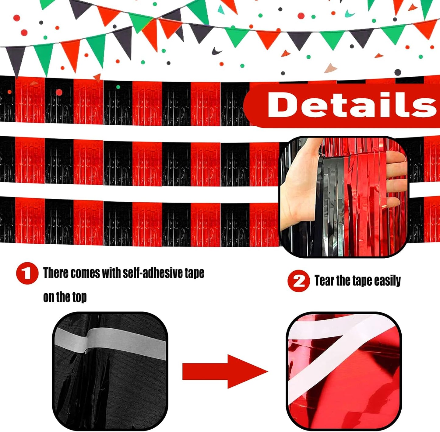 6 Pack 10 Feet Black Red Foil Fringe Garland Metallic Tinsel Streamers Banner Wall Hanging Curtain Backdrop Banner for Parade Floats, Thanksgiving, Christmas, Birthday, Halloween Party Decorations