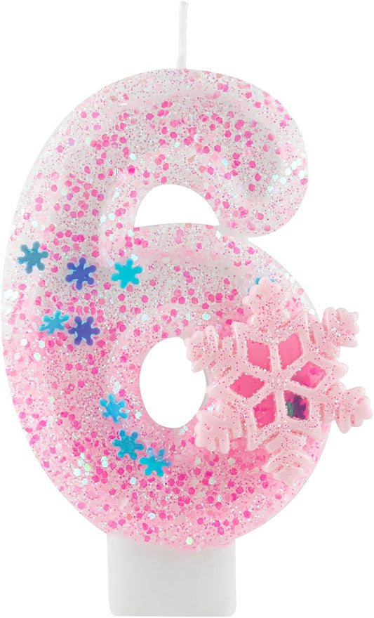 Pink Frozen Snow Themed Birthday Candles,Pink Snowflake Number 4th Birthday Candle for Party Supplies,Winter Frozen Birthday Party Number 6 Cake Topper Decorations
