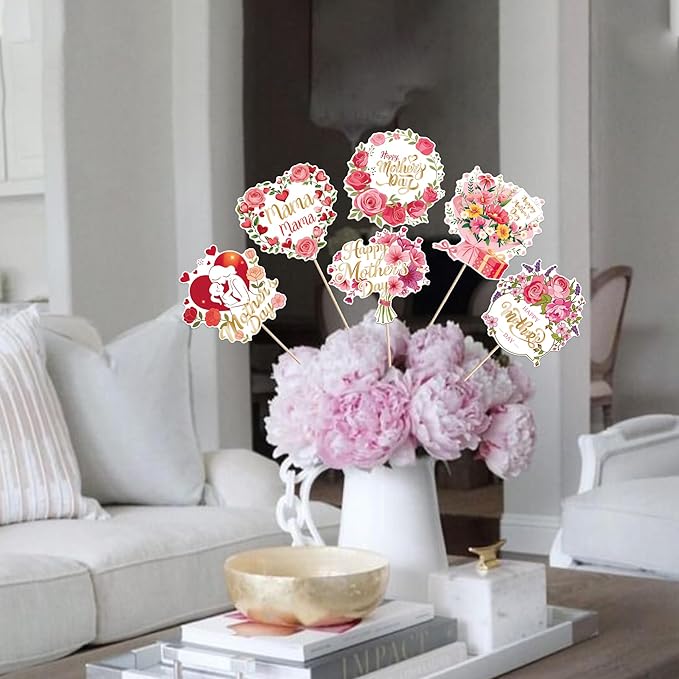 18 PCS Happy Mother's Day Centerpiece Sticks Double Sided I Love Mom Table Centerpieces Rose Flower Best Mother Floral Decorations for Happy Mother's Day Theme Mama Birthday Party Centerpieces