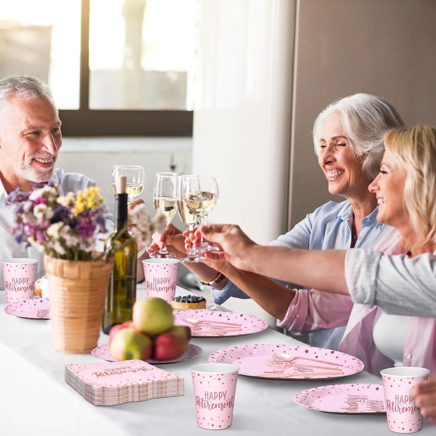 Pickmesh 192 Pcs Retirement Party Decorations Happy Retirement Paper Plates and Napkins Set with Cups and Knife Fork Spoon,Farewell Party Disposable Tableware for 24 Guest Women Men(Pink)