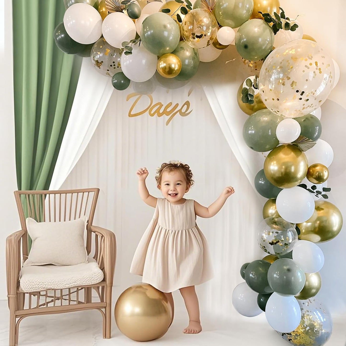Sage Green Balloons, 60pcs 12inch Sage Green White Metallic Gold Confetti Balloons for Boho Birthday Baby Shower Bridal Shower Wedding Summer Party Decorations