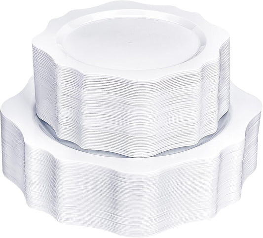 100 PCS White Disposable Plates for 50 Guests, Scalloped Plastic Plates Include 50 Dinner Plates and 50 Dessert Plates for Party, Wedding