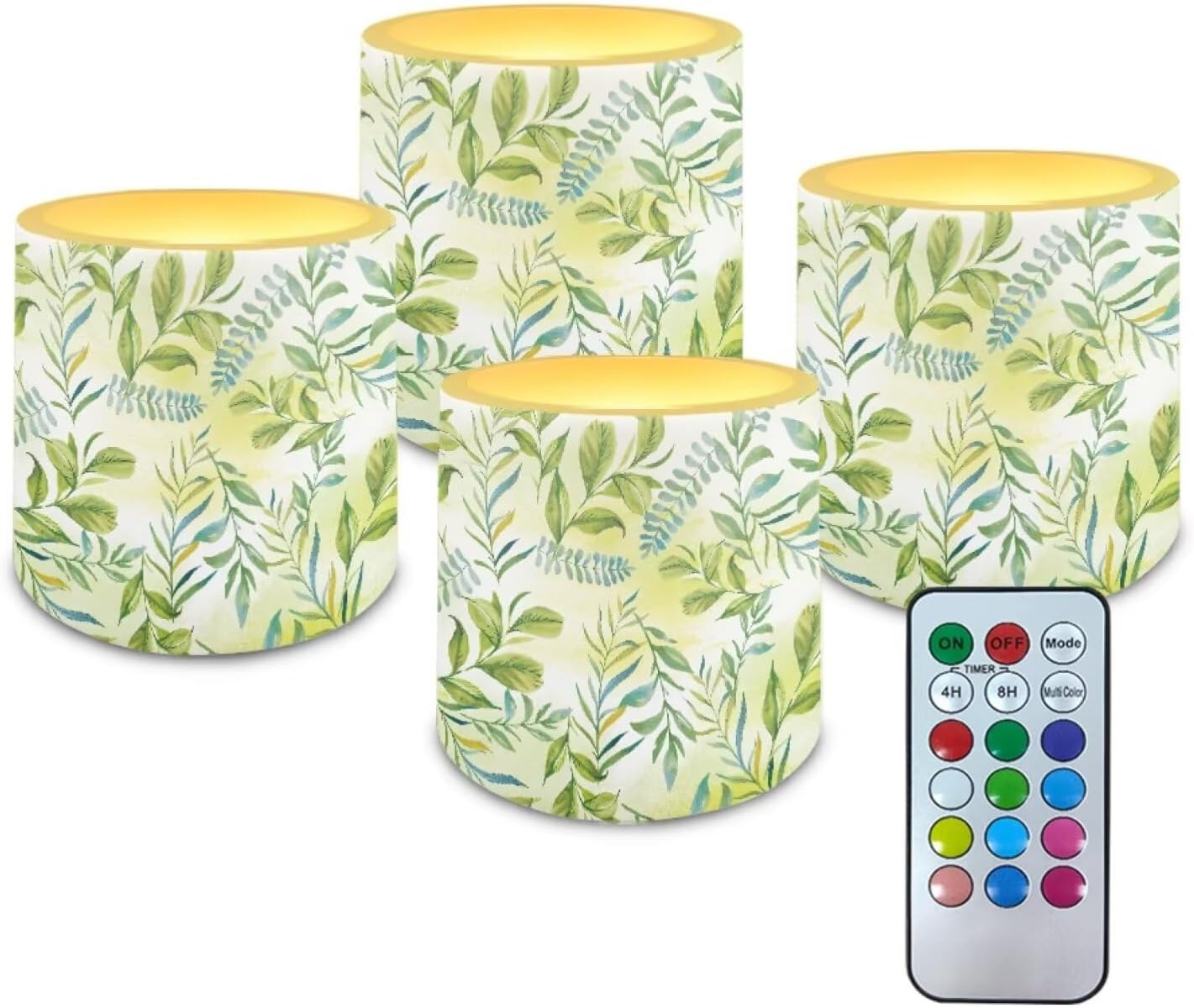 Poceacles Remote Control LED Candles Set of 4 Battery Powered Flameless Candles with Multi-Color Lighting Options, Timer Function, 12 Colors Changing, for Indoor Outdoor Decor, Green Leaves