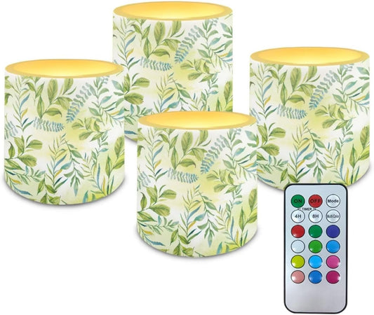 Poceacles Remote Control LED Candles Set of 4 Battery Powered Flameless Candles with Multi-Color Lighting Options, Timer Function, 12 Colors Changing, for Indoor Outdoor Decor, Green Leaves