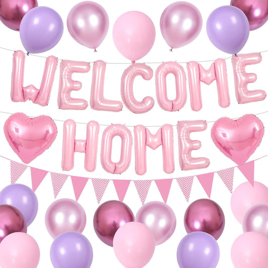 Welcome Home Decorations Pink,Welcome Home Foil Balloon Banner with Pink Heart Balloons Pennant Flag Bunting for Housewarming Baby Shower Welcome Home Baby Girl Party Supplies