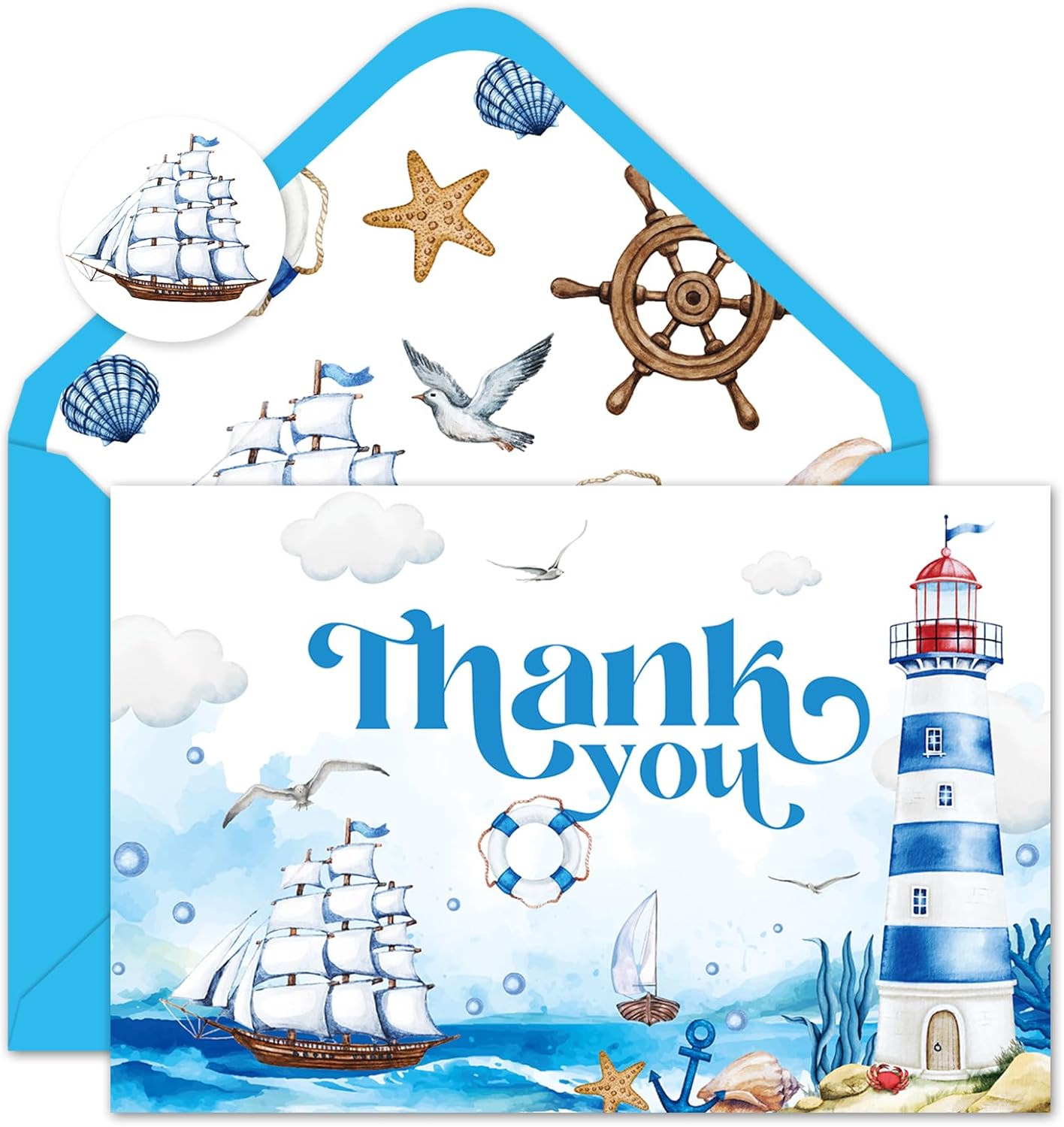 Whaline 24 Pack Nautical Thank You Cards Summer Blue Sea Lighthouse Ship Note Cards with Envelopes Stickers Marine Greeting Blank Cards for Birthday Baby Shower
