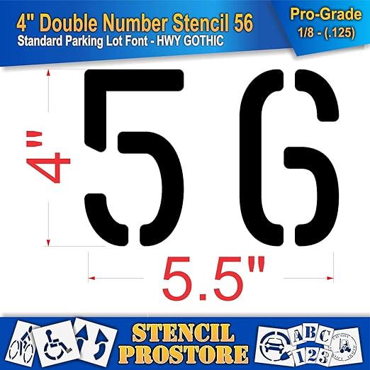 Pavement, Curb, and WheelStop Stencils - 4 inch Double Number Stencil - (56) - 4" x 5.5" x 1/8" (128 mil) - Pro-Grade