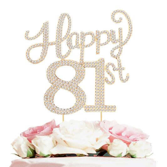Happy 81st Birthday Decorations,81st Birthday Gold Rhinestone Cake Topper - Cheers to 81 Years Old Bday Party Metal Sparkly Cake Centerpieces Sign.