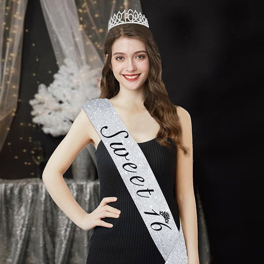 Sweet 16 Party Decorations for Girls with Sweet 16 Sash Silver, Rhinestone 16th Birthday Tiara, 16 Candles Silver, 16th Birthday Gifts for Girls