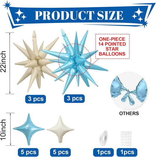 Blue White Star Balloon,Sand White Blue 6Pcs 22Inch Explosion Star Balloons and 10Pcs 10Inch Four Angle Balloons Kit for Birthday Anniversary Baby Shower Wedding Party Decorations