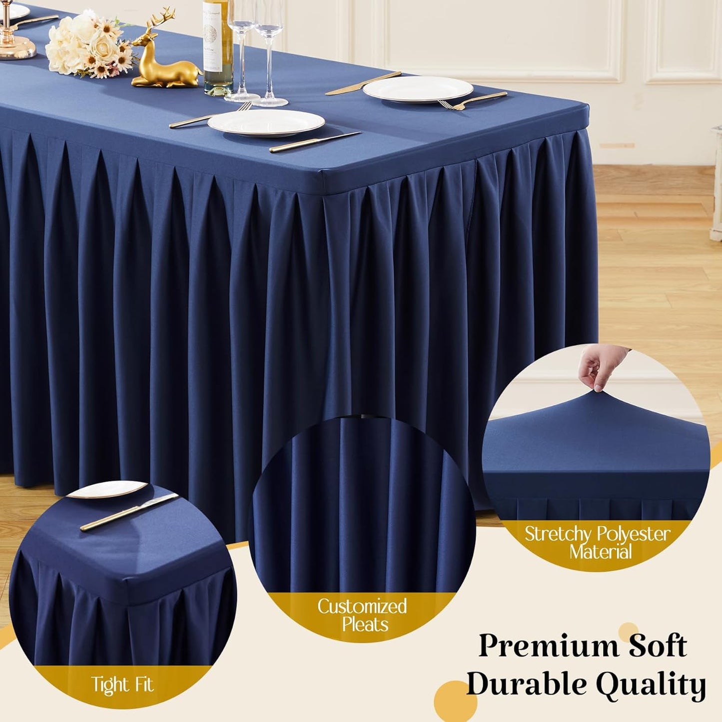 HB HBB MAGIC 4 Pack Navy Blue Tablecloths for 6 Foot Rectangle Tables, Elegant Pleated Table Skirt – Wrinkle Free Stretch Fitted Table Cover for Weddings, Banquets, Birthday Parties & Events