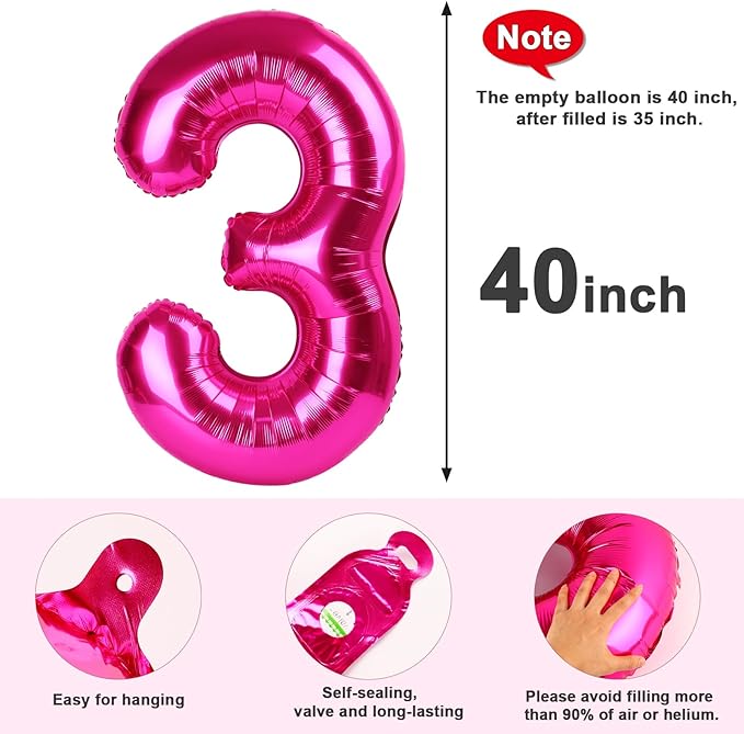 Numbers Balloon 3, 40 Inch Large Hot Pink Balloon for Three Year Old Birthday Decor, 3 13 30 31 Birthday Party Decorations for Wedding Supplies
