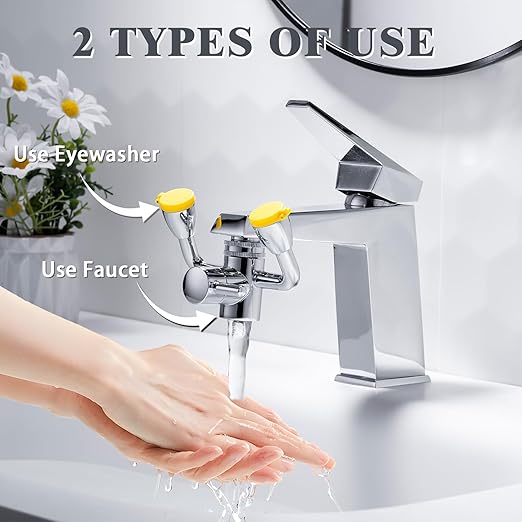 TIDYENDURE Eye Wash Station Yellow, Faucet Mounted Eyewash Station with Cover, Emergency Eye Wash Station Sink Attachment, Eye Wash Kit, Eye Wash Unit for Lab, Factory, Industry Site, Workshop, Office