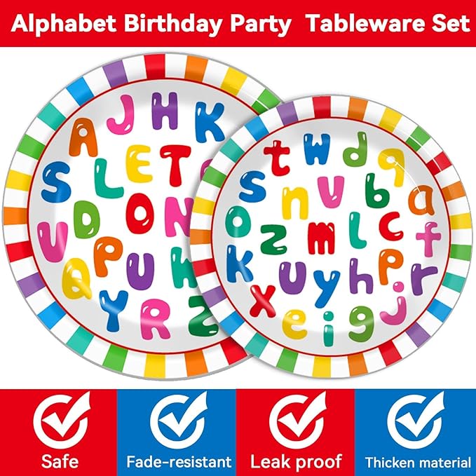 OBUSATT 96Pcs Alphabet Party Supplies ABC Birthday Paper Plates Napkins ABC Back to Party Decorations Early Dinnerware Tableware Favor Serves 24