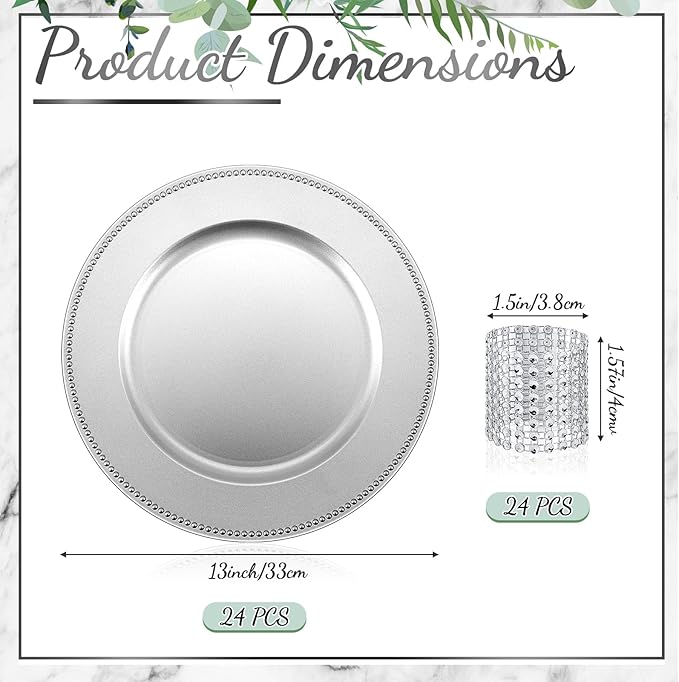 Rtteri 48 Pcs Charger Plates Set, Bulk 24 Plastic Plate Chargers with 24 Napkin Rings, 13 Inch Round Dinner Chargers for Table Setting Wedding Party Baby Shower Event Decoration(Sliver)