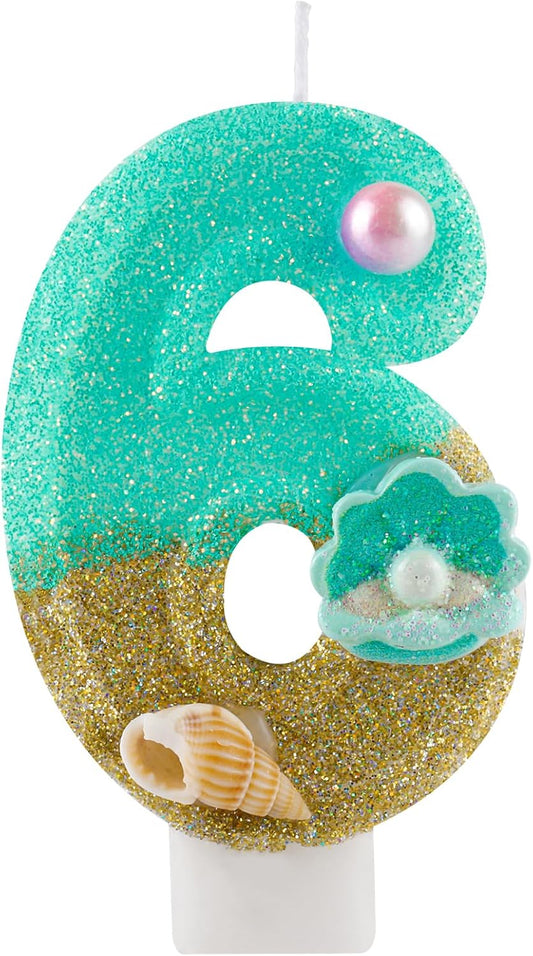 2.76 Inch Birthday Candles Number 6 Candle,Handmade Shell Candle Cake Topper,Mermaid Beach Theme Finding Nemo Birthday Party Favors Decorations