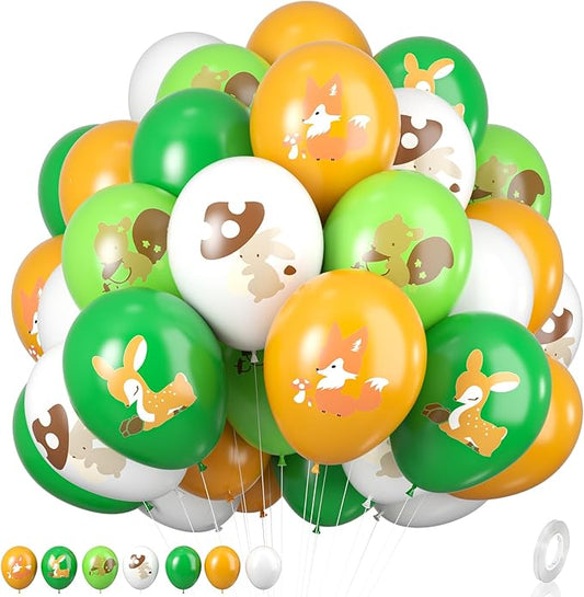Animal Balloons, 12 Inch Jungle Safari Balloons Animal Rabbit Sika Deer Fox Squirrel Print Balloons Green White Yellow Jungle Safari Theme Party Decorations Party Supplies (4 Kind Of Animal)