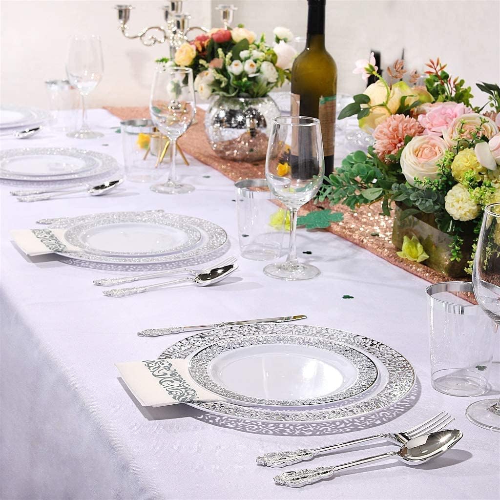 supernal 100pcs Silver Plastic Plates10.25 For Big Party Lace White Plastic Plates with Silver Rim Disposable Dinner Plates Heavy Duty for Party Wedding Birthday
