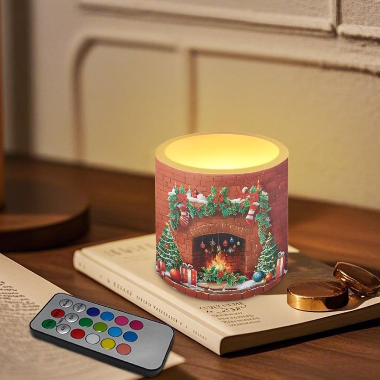Poceacles 4 PCS Christmas Flameless Candles with Remote Timer LED Pillar Lights Battery Powered Realistic Flickering Wick Candles for Home Special Events Decor, Christmas Fireplace Pattern