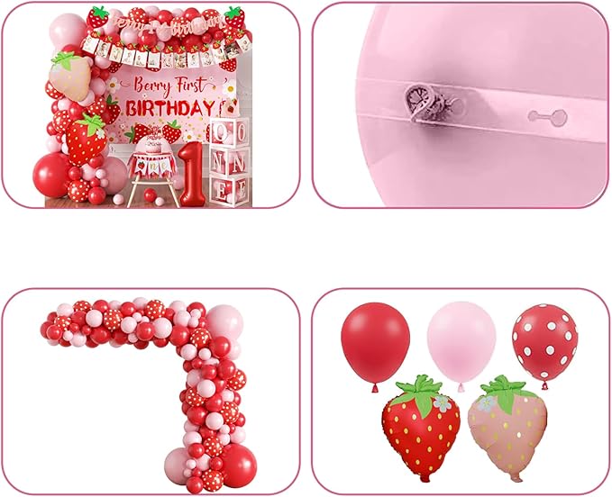 Berry Baby Girl 1st Birthday Decor, Strawberry First Birthday Decorations for Girls with Balloon Arch, Party Backdrop, High Chair Banner, Crown, Photo Banners, Cake Topper
