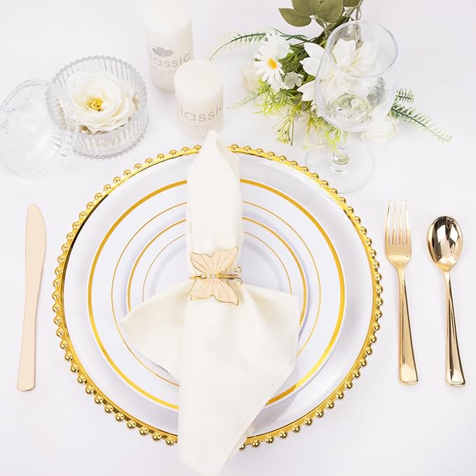 13 Inch Gold Charger Plates,20pcs Clear Charger Plates with Gold Rim,Plastic Plate for Dinner Plate,for Family Party and Wedding