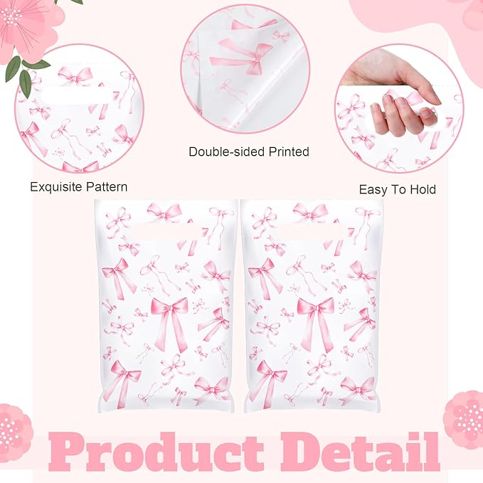 Supervitae 100 Pcs Easter Plastic Pink Bow Gift Bags Coquette Bow Party Favor Bags Bulk with Handle for Birthday Wedding Bridal Shower Spring Easter Goodie Candy Treat Bachelorette Party Supplies
