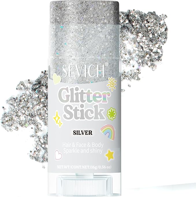 SEVICH Glitter Stick Sliver for Face Body Hair,Skin Safe Waterproof Sparkle with No Glue Needed,Easy to Apply and Remove for Parties Festivals Makeup,15g