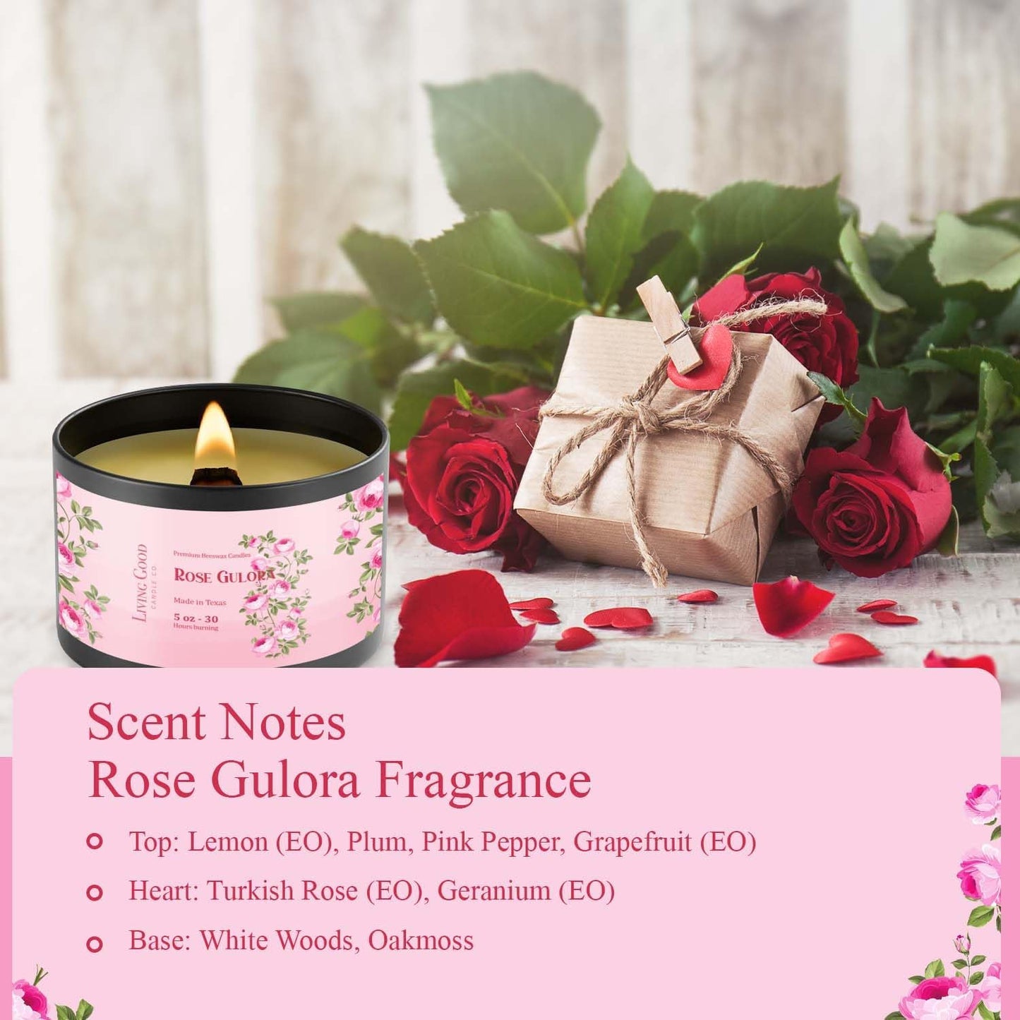 Rose Gulora Pure Beeswax Candle Tin - 30+ Hours Long Burning Classically Designed Non-Toxic Scented Candles for Home Decor and Aromatherapy to Stress & Anxiety Relief with Natural Fragrance - 5 oz